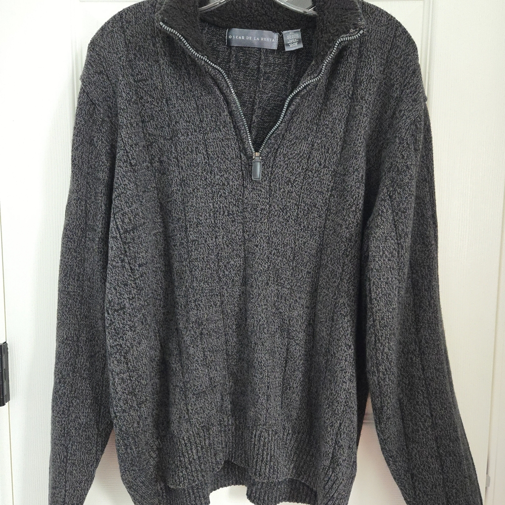 Oscar de la Renta Dark Heathered Gray Zip-Up Sweater XXL, Sherpa Collar Lining